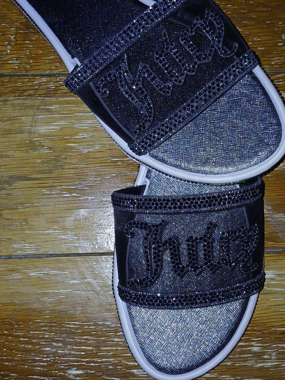 Juicy Couture Black Glitter Slide Sandals with Embellished Strap